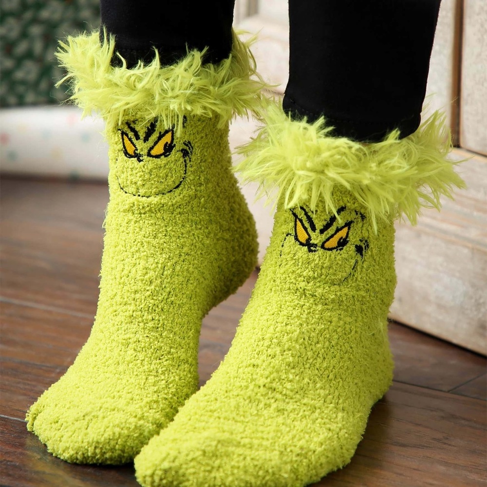 Fuzzy Grinch Face Christmas Cozy Socks - Lime Green with Feathery Cuff